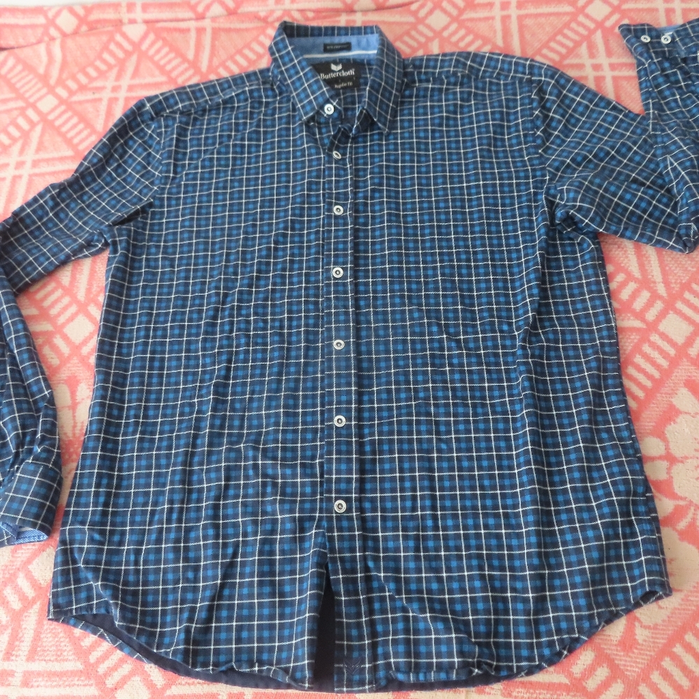 buttercloth icy cotton blue plaid long sleeve button up shirt XL reg fit